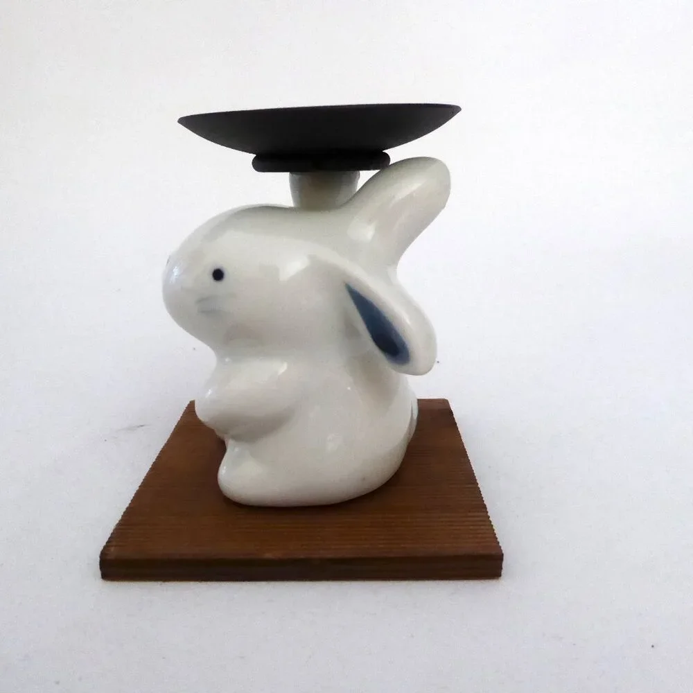 JAPAN JAPANESE CERAMIC BUNNY RABBIT TEA LIGHT CANDLE HOLDER STAND (NEW) - Picture 5 of 11